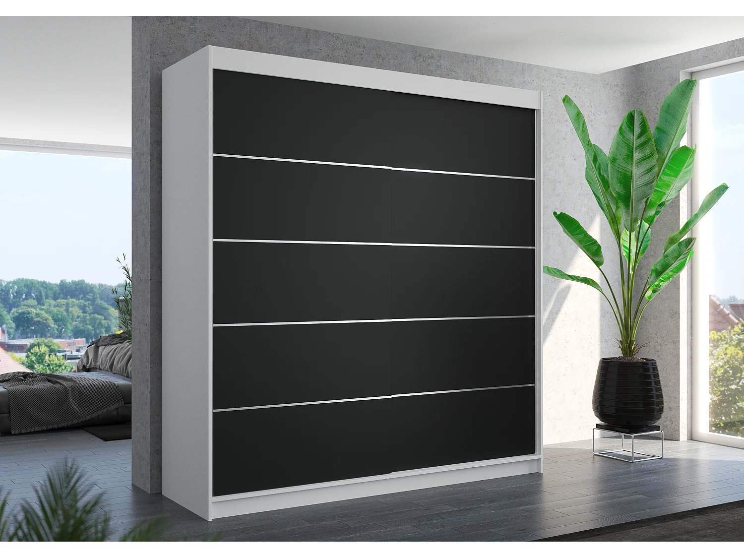Armario VONA de 200 cm para dormitorio de adulto – Diseño contemporáneo-Blanco - Negro