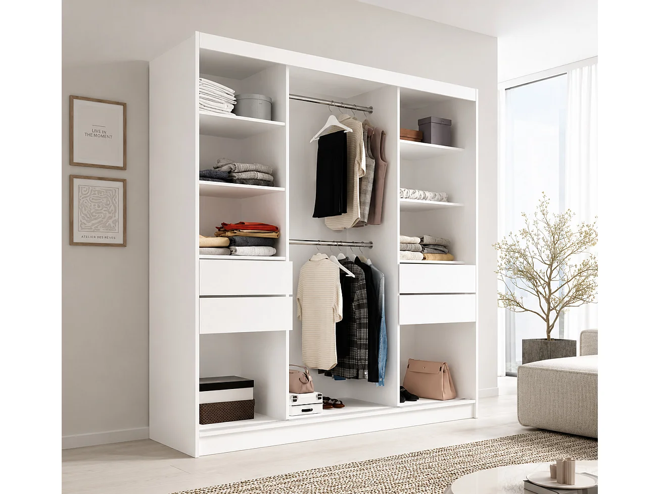 Armario VONA de 200 cm para dormitorio de adulto – Diseño contemporáneo-Blanco - Negro