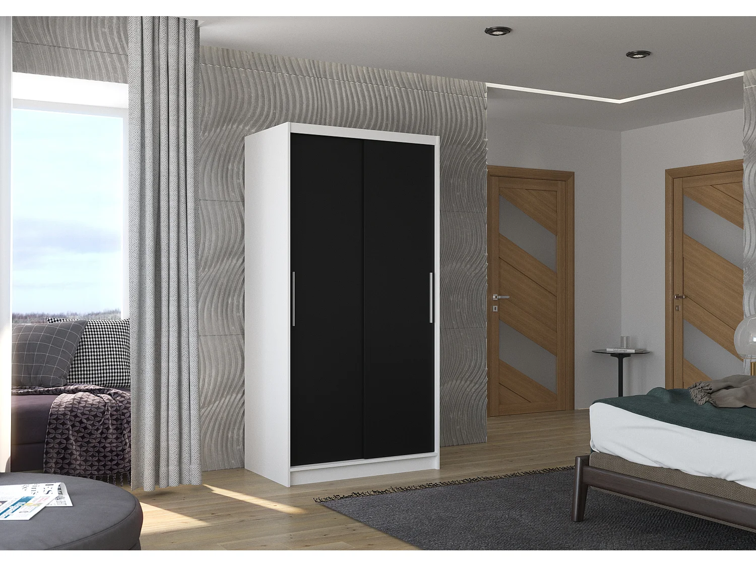 Petite armoire de chambre à coucher blanche 2 portes coulissantes noir Kilane 100cm