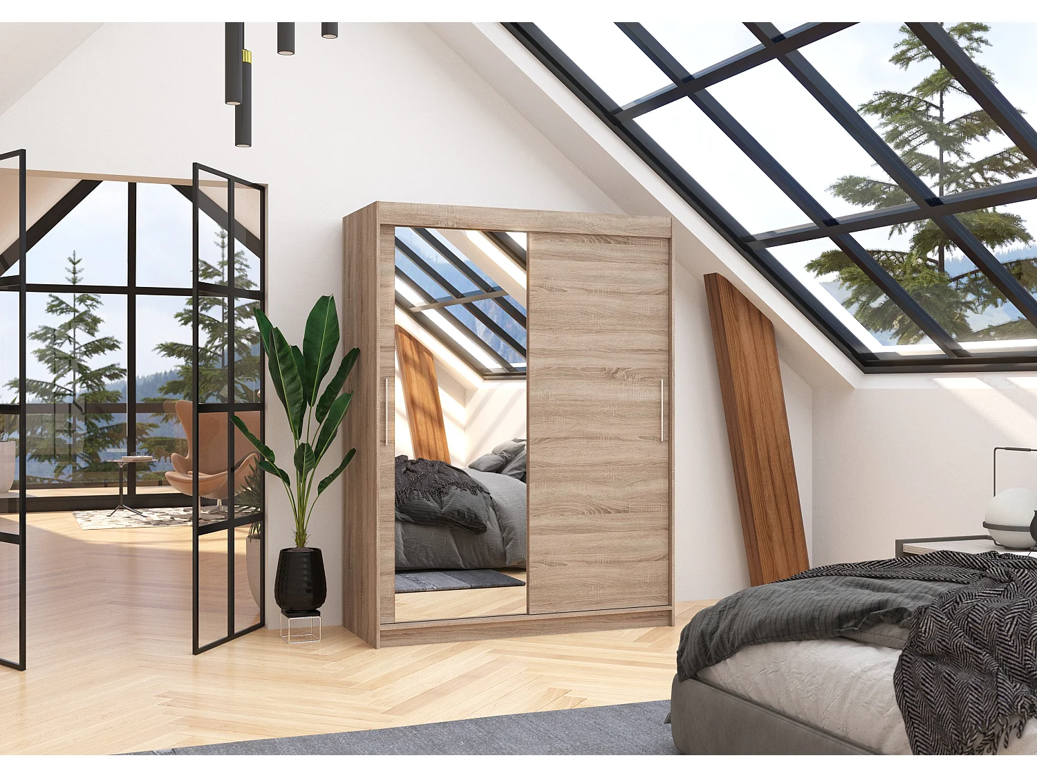 Armoire de chambre 2 portes coulissantes 1 bois truffe 1 miroir Bianky 150cm