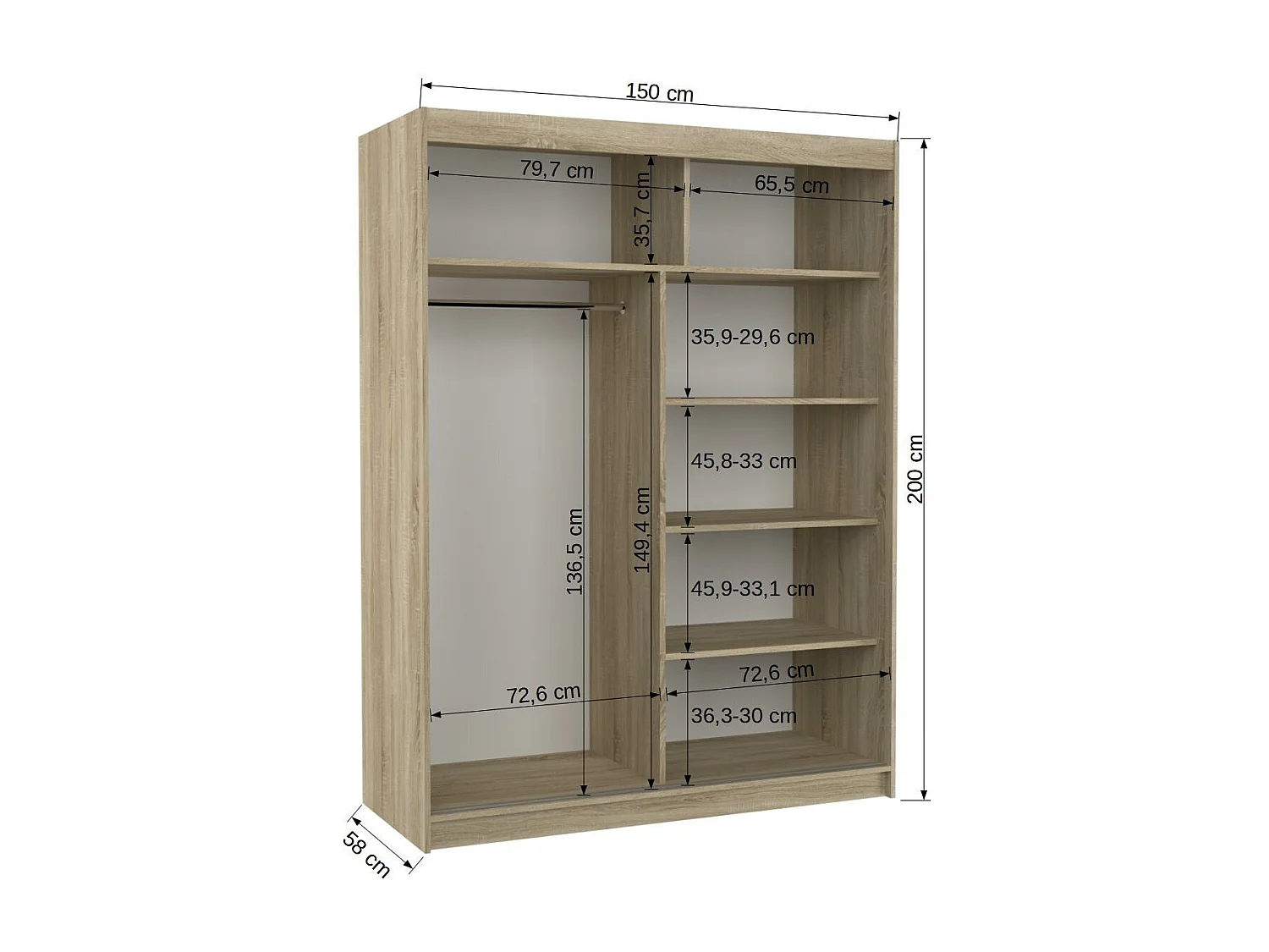 Armoire de chambre 2 portes coulissantes 1 bois truffe 1 miroir Bianky 150cm