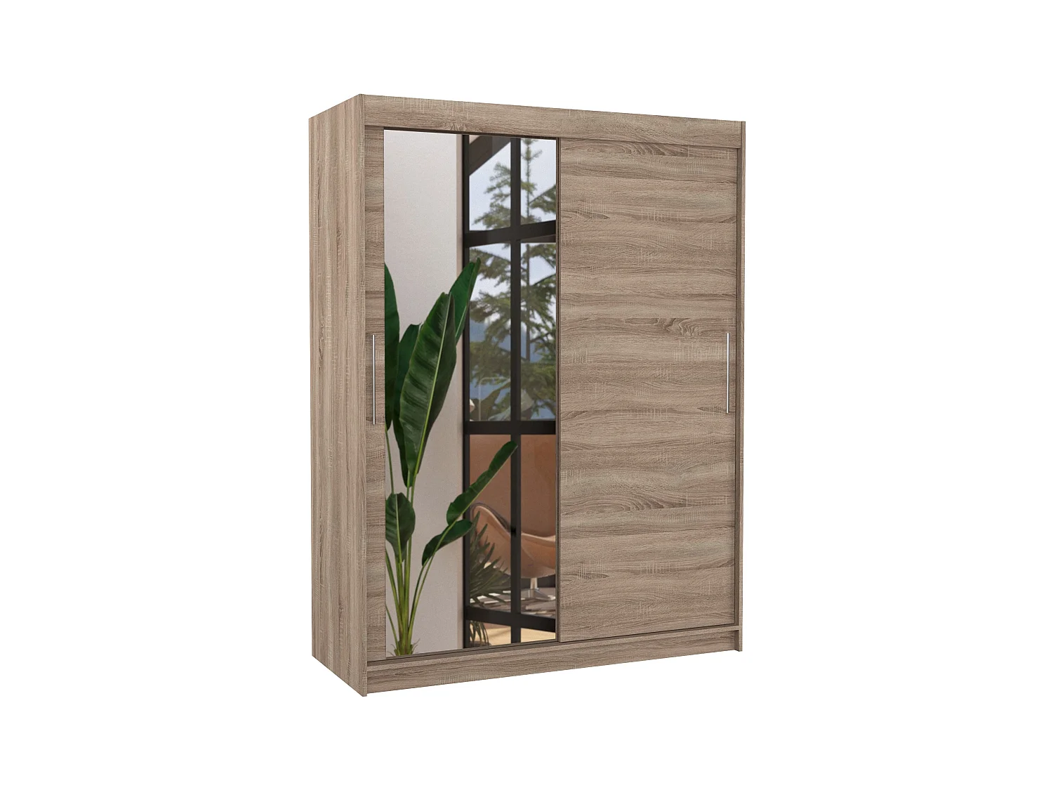 Armoire de chambre 2 portes coulissantes 1 bois truffe 1 miroir Bianky 150cm