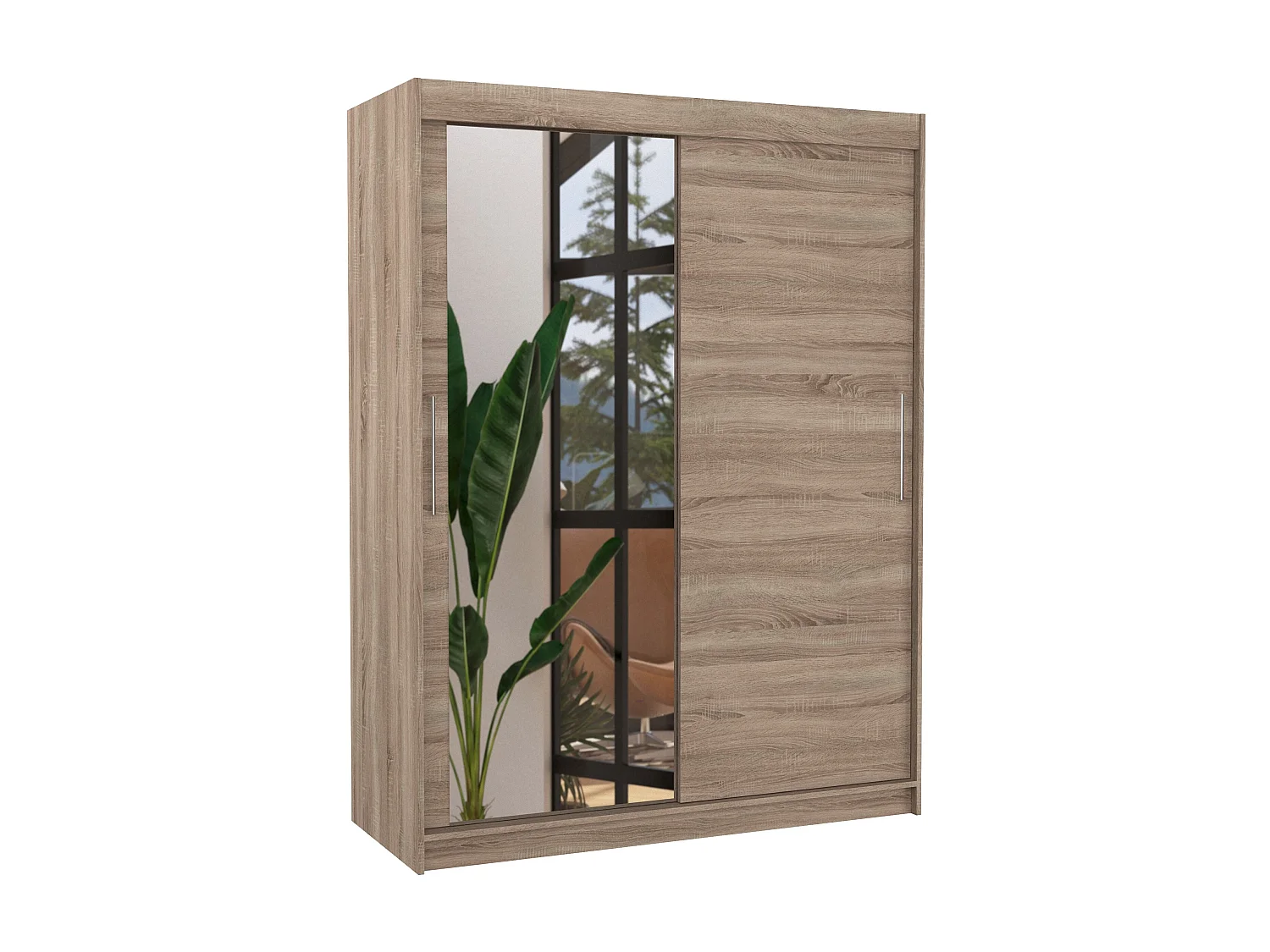 Armoire de chambre 2 portes coulissantes 1 bois truffe 1 miroir Bianky 150cm