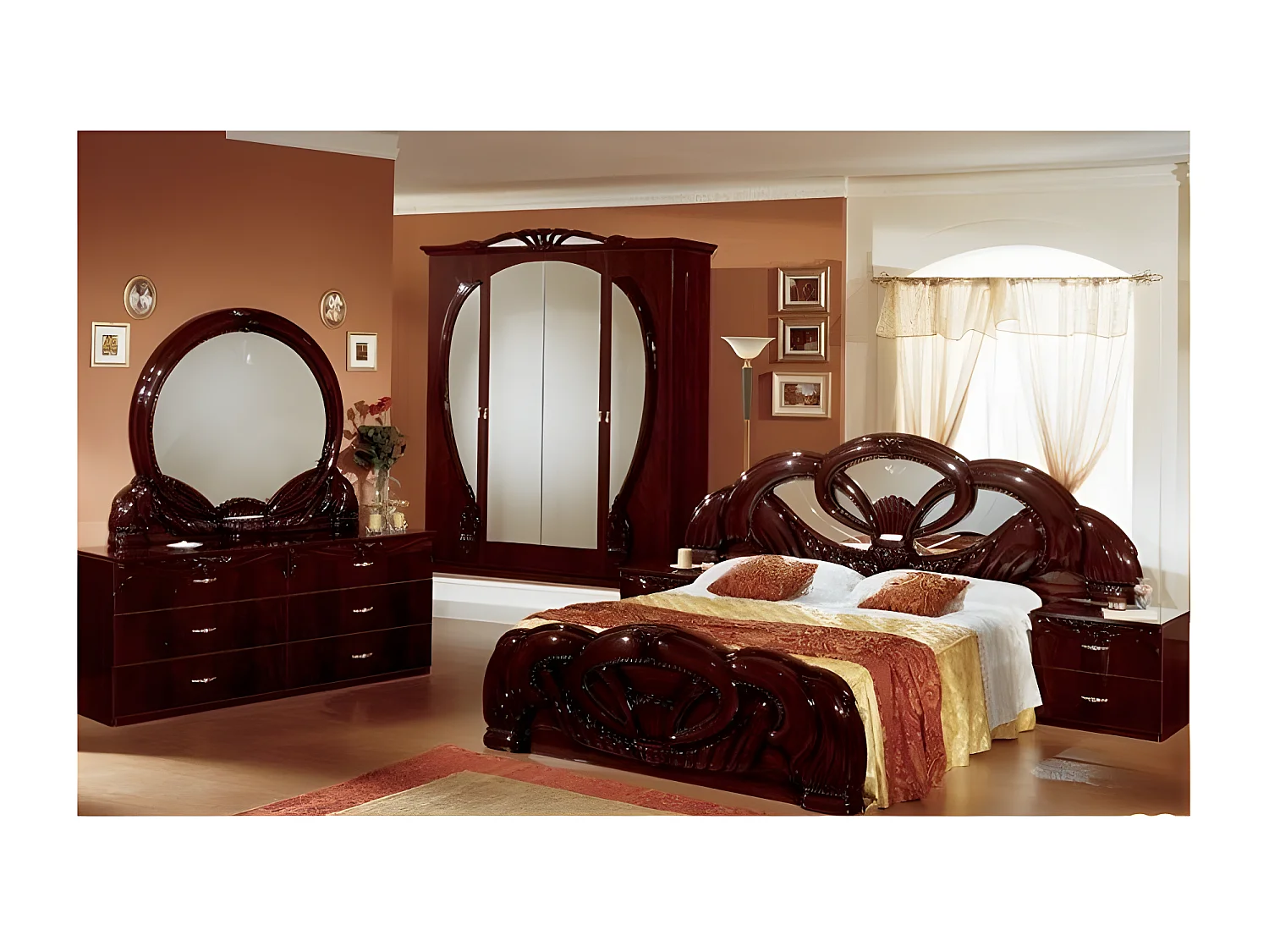 Grande armoire de chambre 6 portes battantes bois brillant acajou Gilda