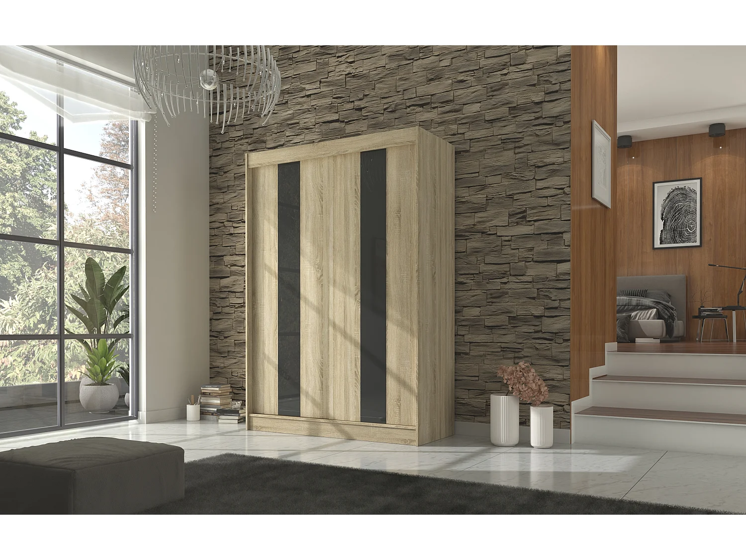 Armoire de chambre à portes coulissantes bois clair mat et noir laqué Karola - 3 tailles-Largeur 150 cm