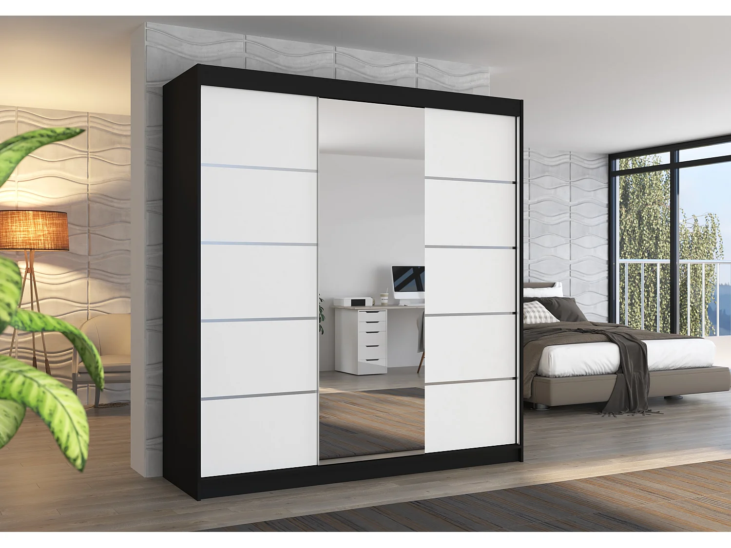 Armario corredero BAKER de 200 cm con 2 puertas y espejo.-Blanco y negro