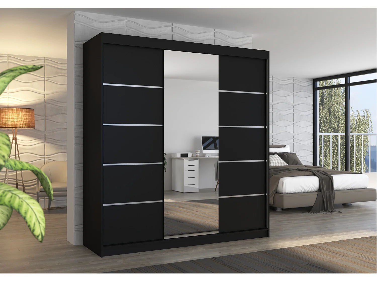 Armario corredero BAKER de 200 cm con 2 puertas y espejo.-Blanco y negro