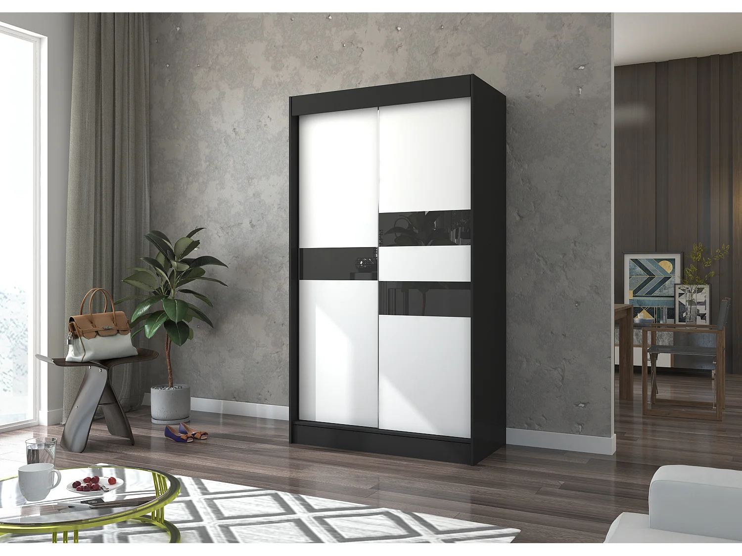 Armoire de chambre noir à portes coulissantes bois blanc mat et noir laqué Korza - 3 tailles-Largeur 150 cm