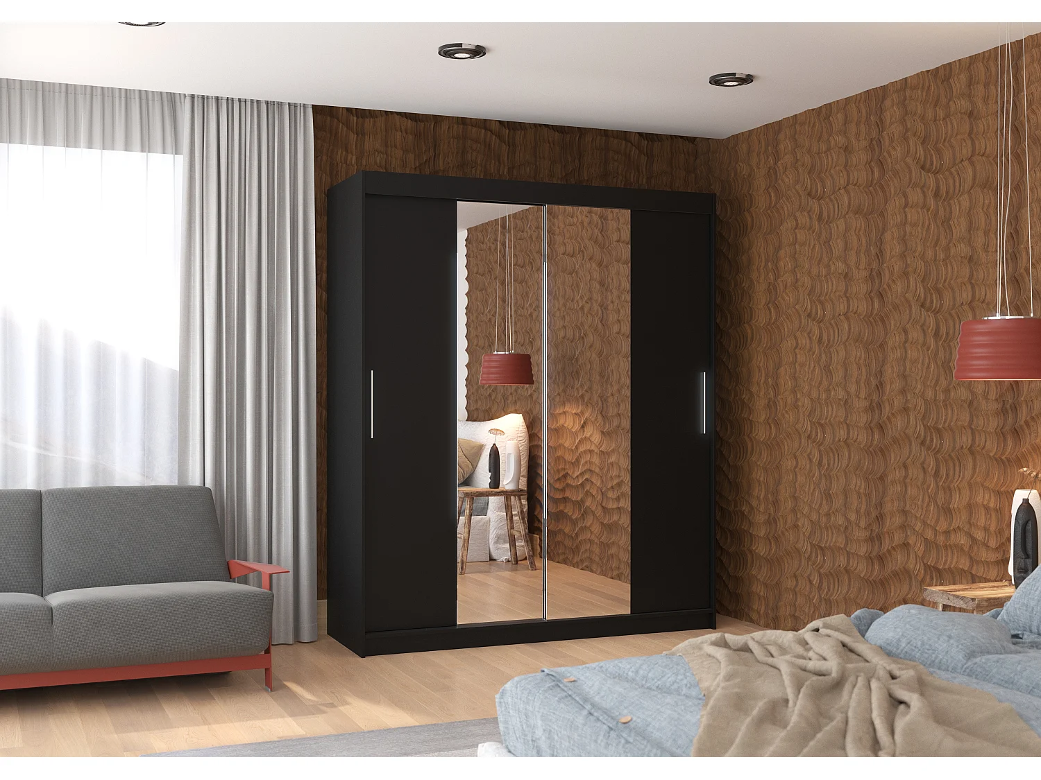 Armoire de chambre à coucher 2 portes coulissantes noir et miroir Dally 180cm