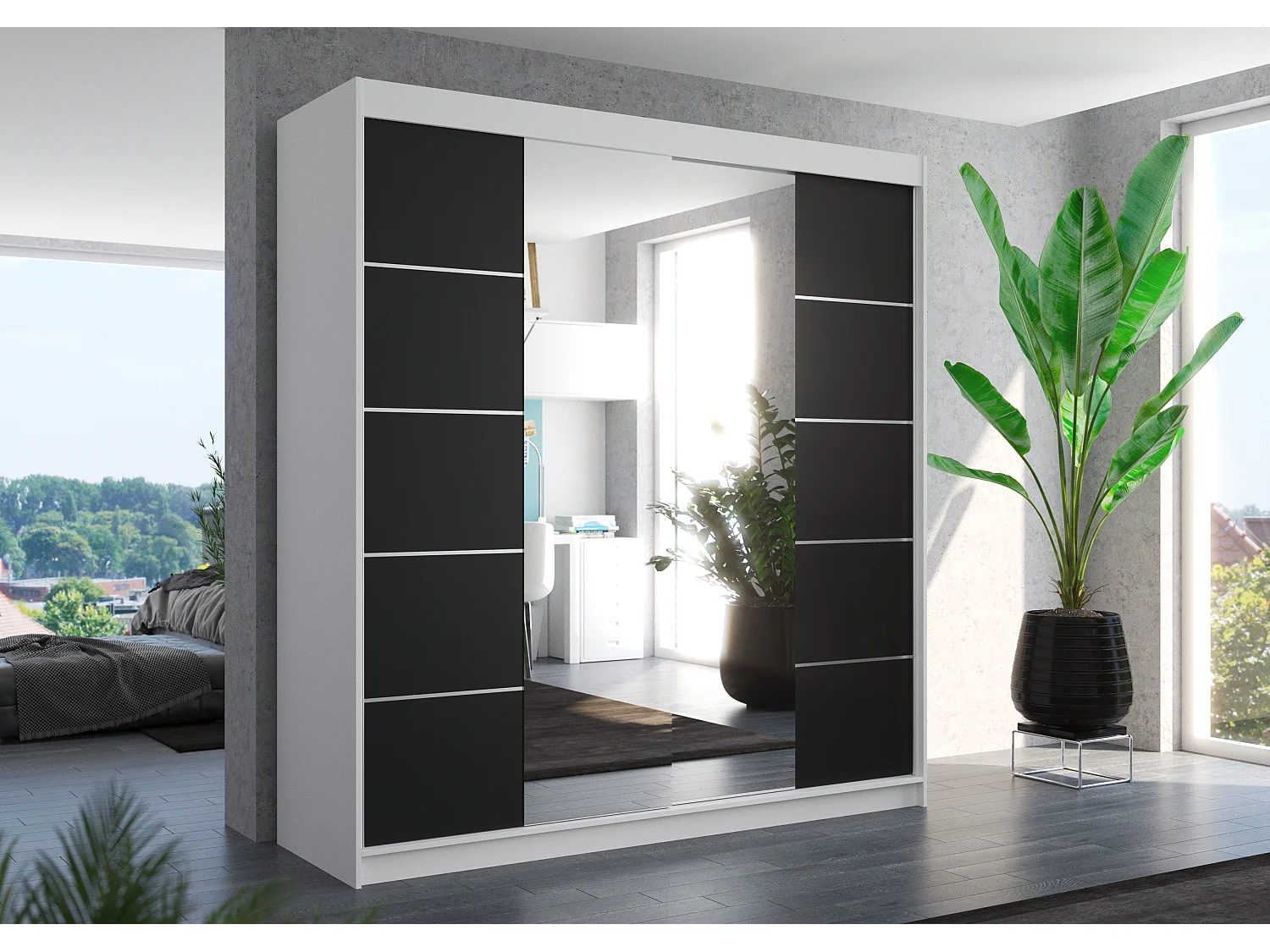 Armoire chambre adulte 2 portes coulissantes bois blanc et noir avec miroir Dalia 200cm