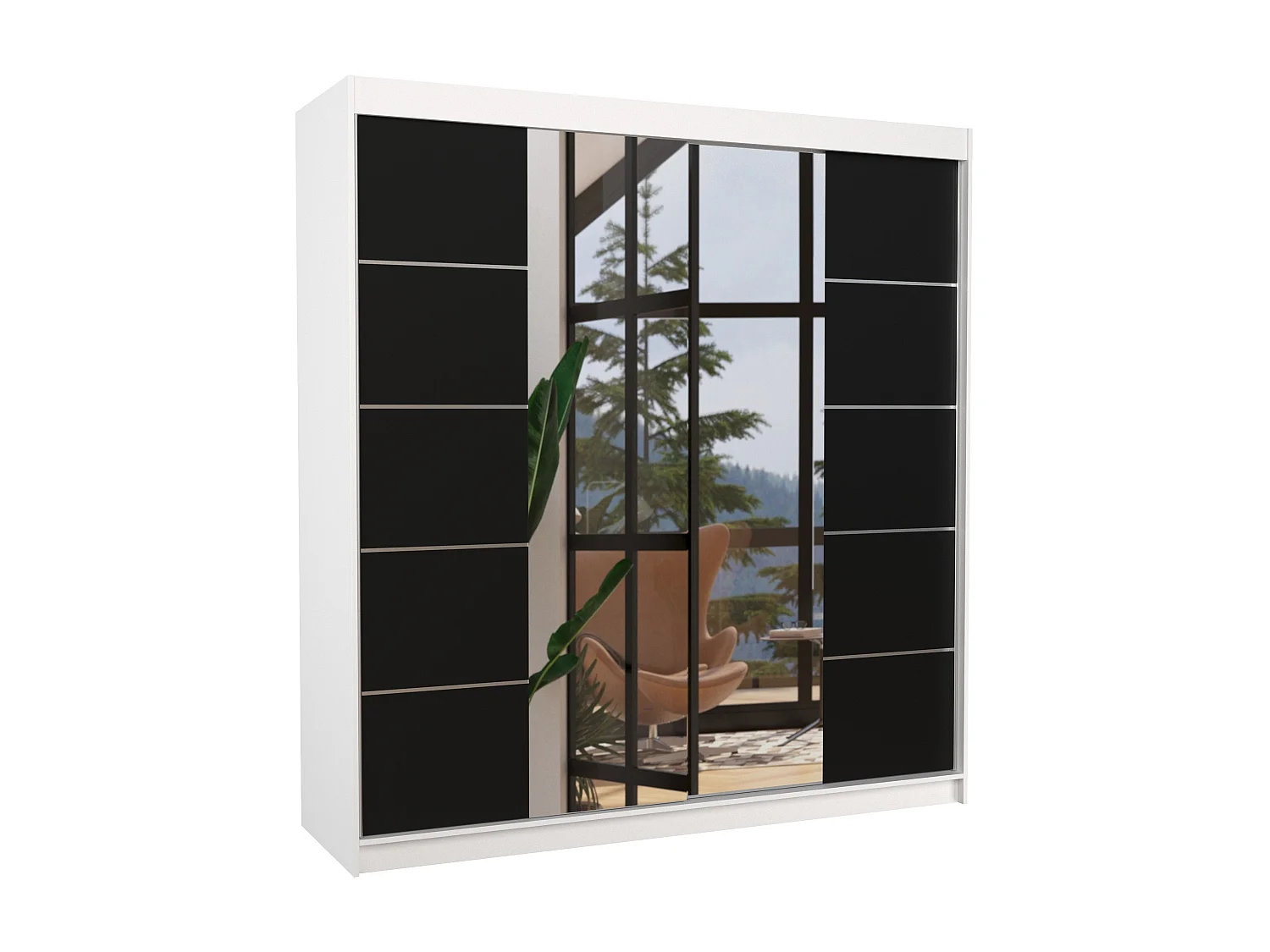 Armoire chambre adulte 2 portes coulissantes bois blanc et noir avec miroir Dalia 200cm