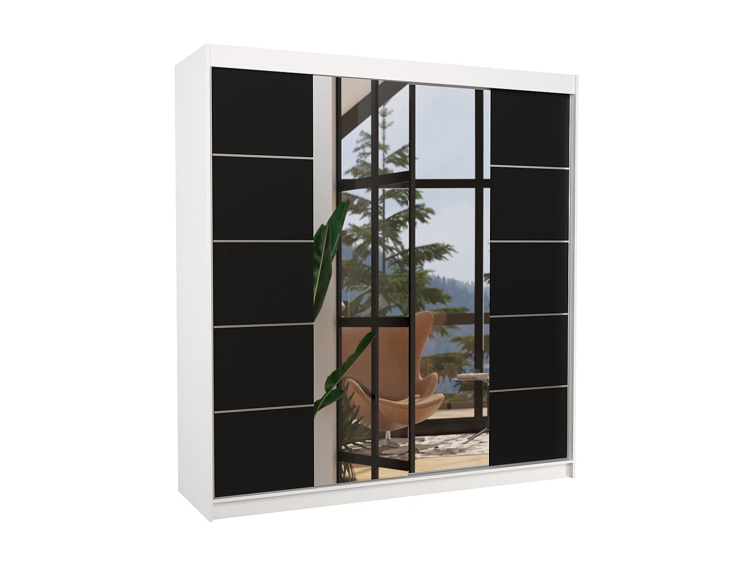 Armoire chambre adulte 2 portes coulissantes DALIA 200cm avec miroir-Blanc/Noir