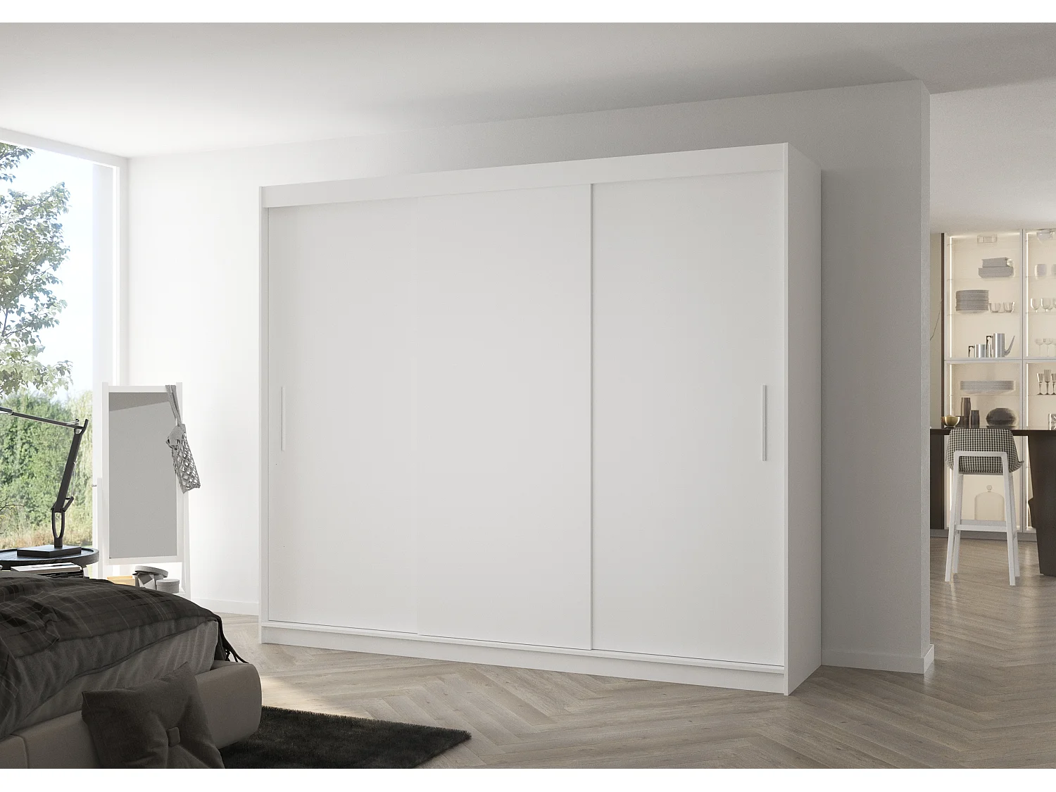 Grande armoire de chambre 3 portes coulissantes blanches Badoz 250cm