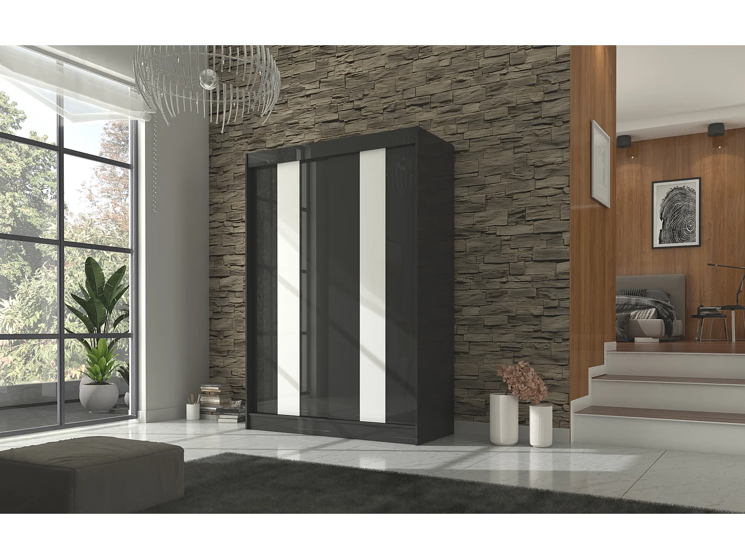 Armoire de chambre à portes coulissantes bois noir mat et blanc laqué Karola - 3 tailles-Largeur 200 cm