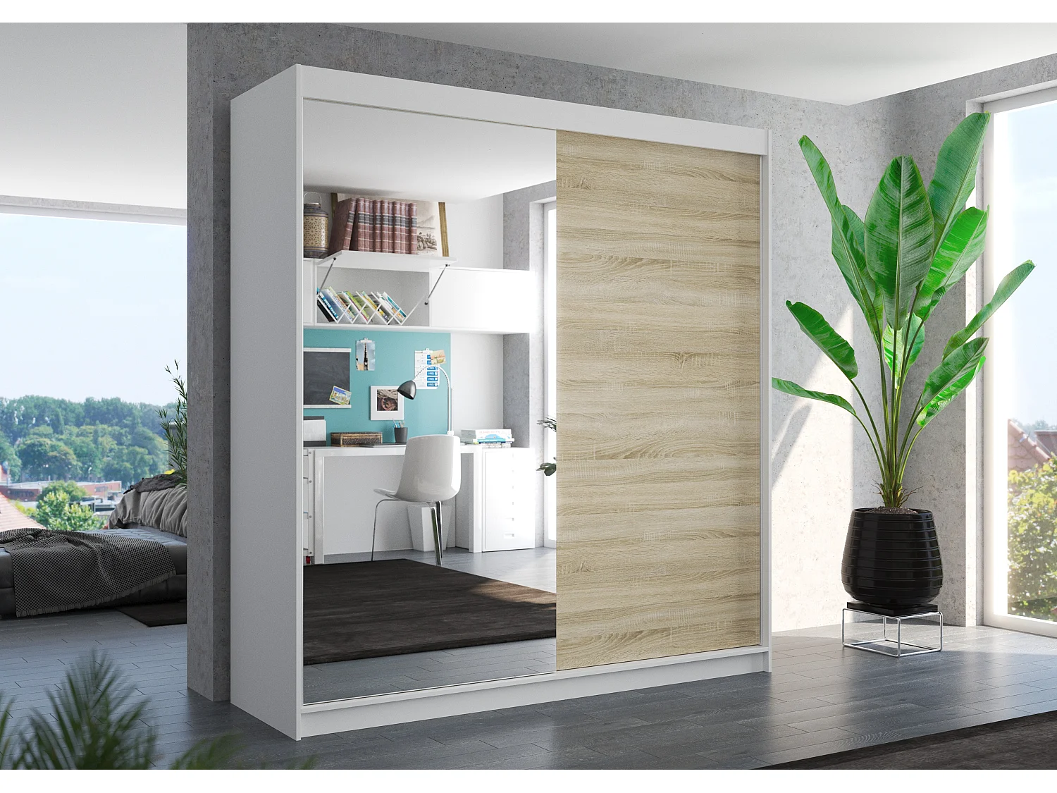 Armoire moderne blanche avec 2 portes coulissantes 1 naturel 1 miroir Davia 200cm