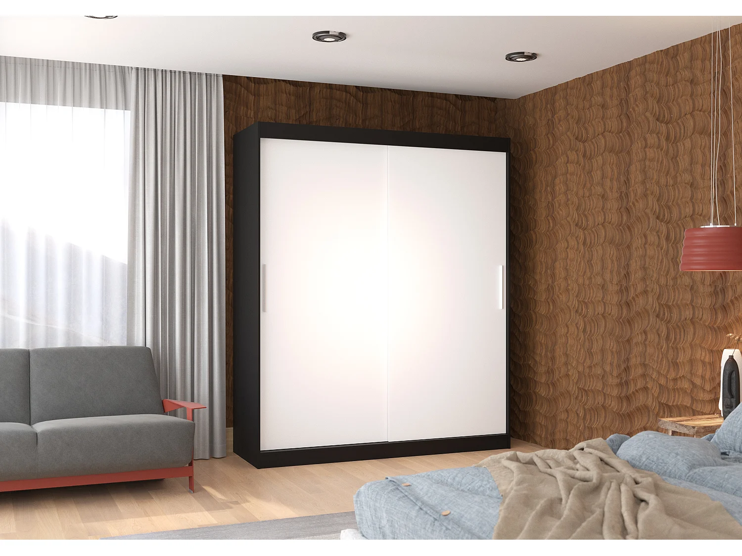 Armoire de chambre à coucher noir 2 portes coulissantes blanches Kelly 180cm