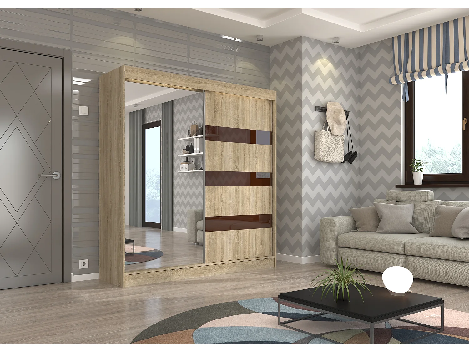 Armoire de chambre 1 porte bois clair et marron laqué 1 porte miroir Voka - 3 tailles-Largeur 200 cm