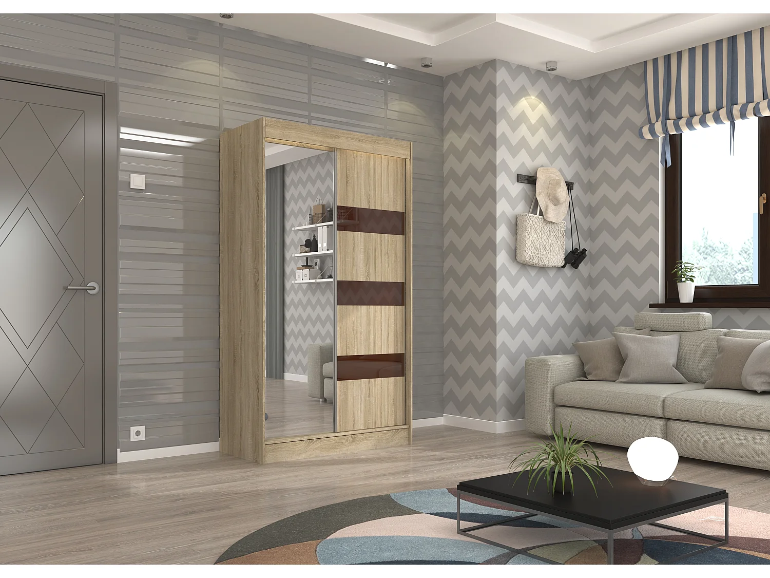 Armoire de chambre 1 porte bois clair et marron laqué 1 porte miroir Voka - 3 tailles-Largeur 200 cm