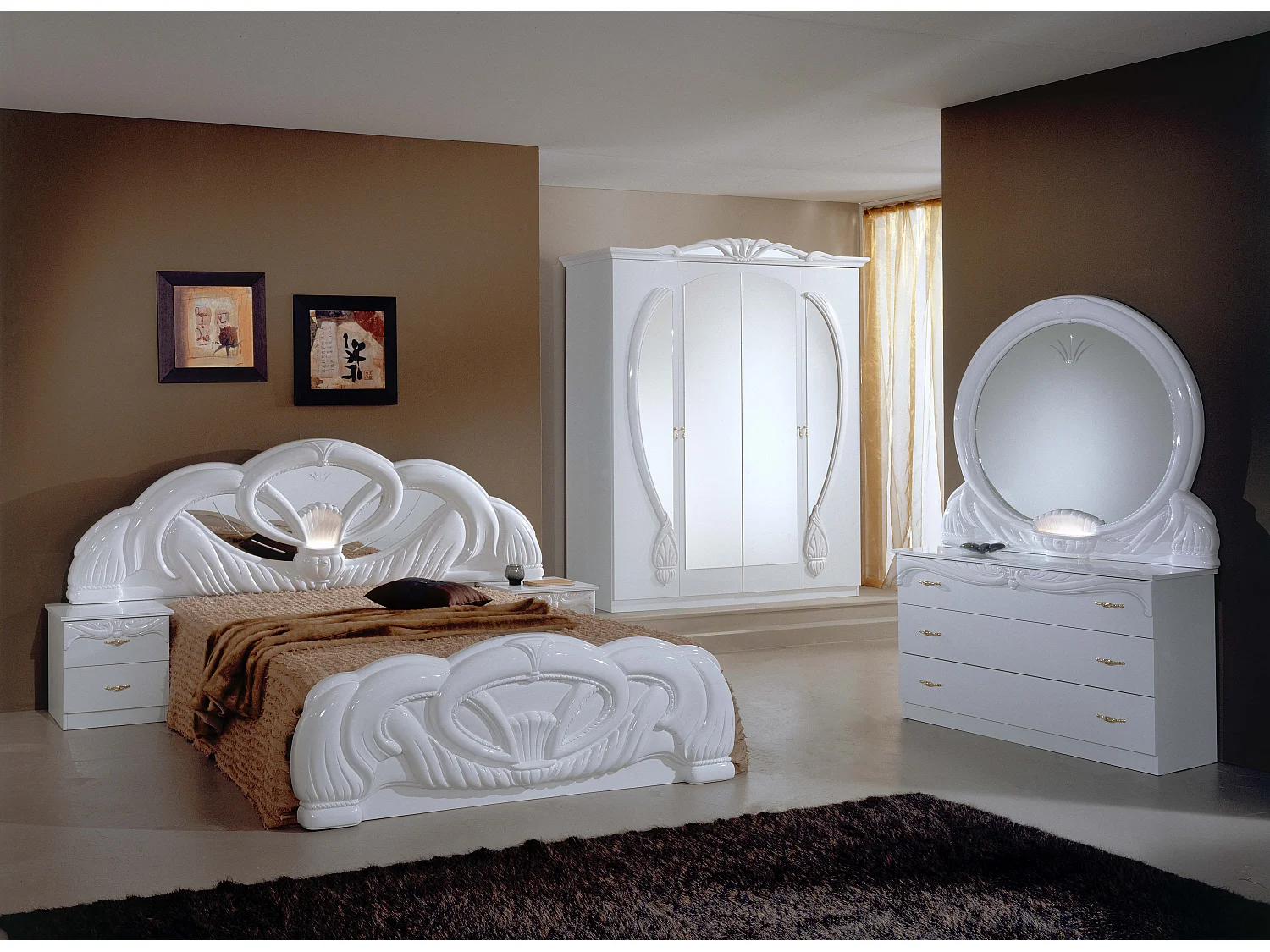 Armoire de chambre 4 portes battantes baroque bois brillant blanc Venize 190cm