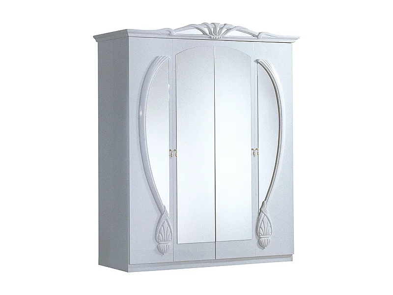 Armoire de chambre 4 portes battantes baroque bois brillant blanc Venize 190cm