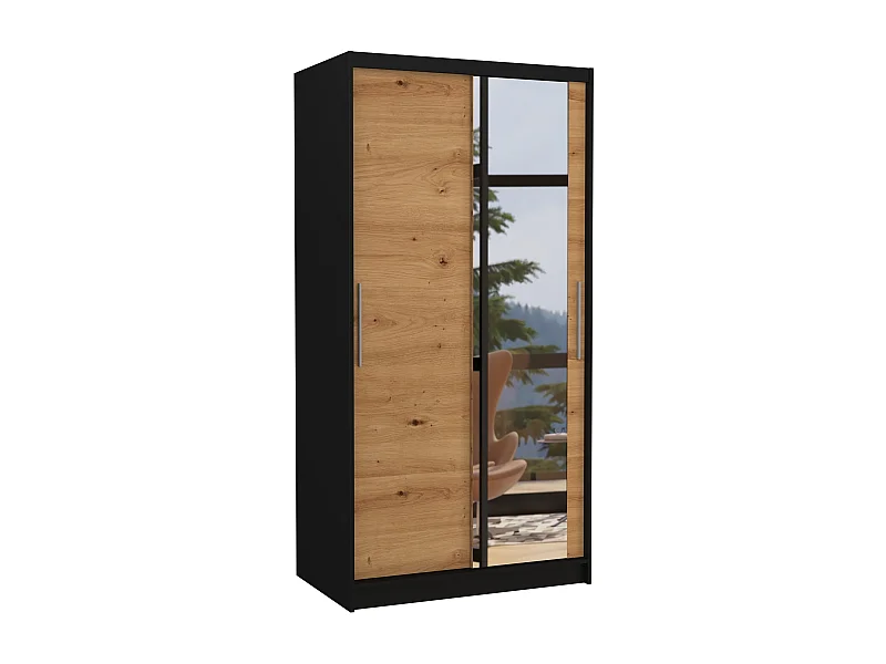 Petite armoire de chambre noir 2 portes coulissantes bois artisan et miroir Bazo 100cm