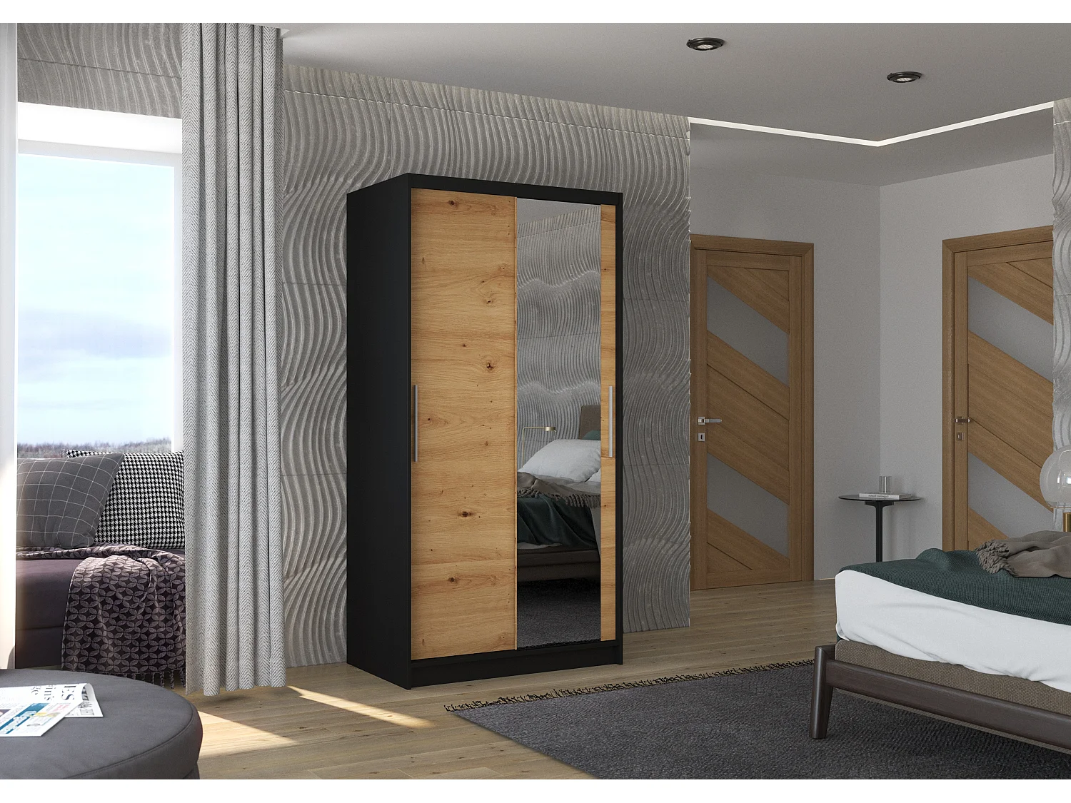 Petite armoire de chambre noir 2 portes coulissantes bois artisan et miroir Bazo 100cm