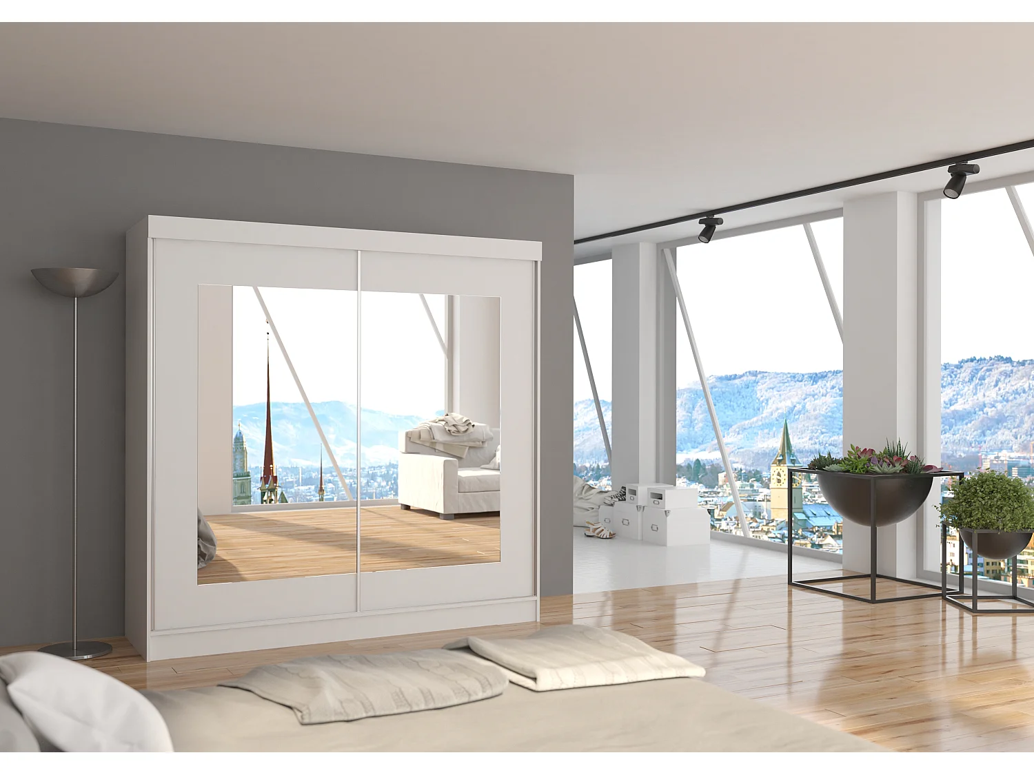 Armoire chambre adulte 2 portes coulissantes bois blanc et miroir Trenda 200cm