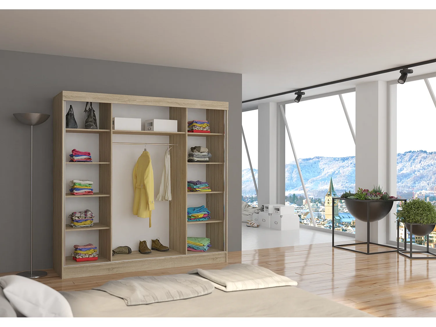 Armoire chambre adulte 2 portes coulissantes bois blanc et miroir Trenda 200cm