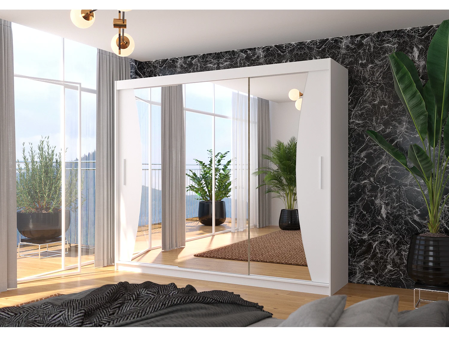 Grande armoire de chambre à coucher 3 portes coulissantes blanches et miroir Douko 250cm