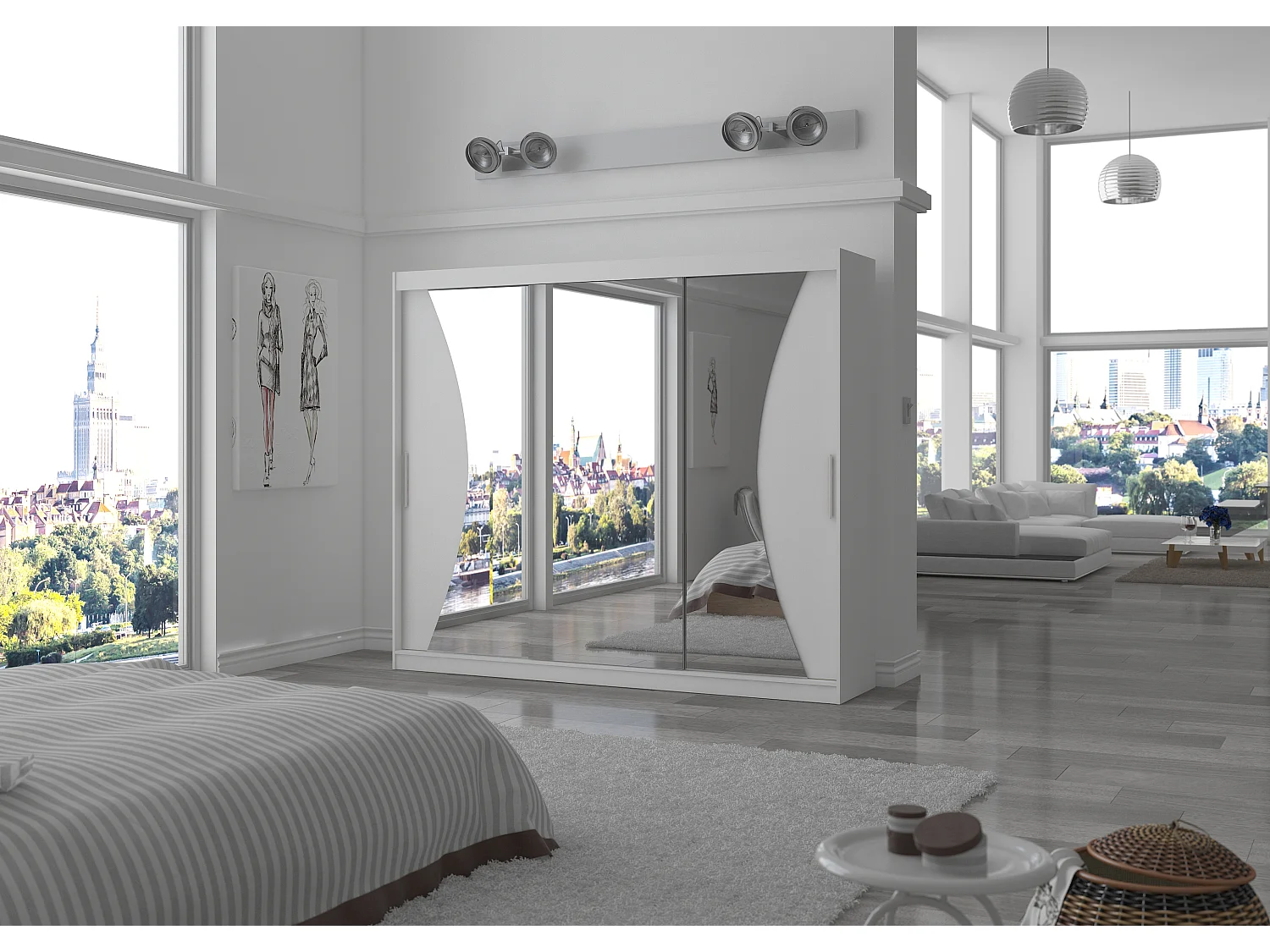 Grande armoire de chambre à coucher 3 portes coulissantes blanches et miroir Douko 250cm