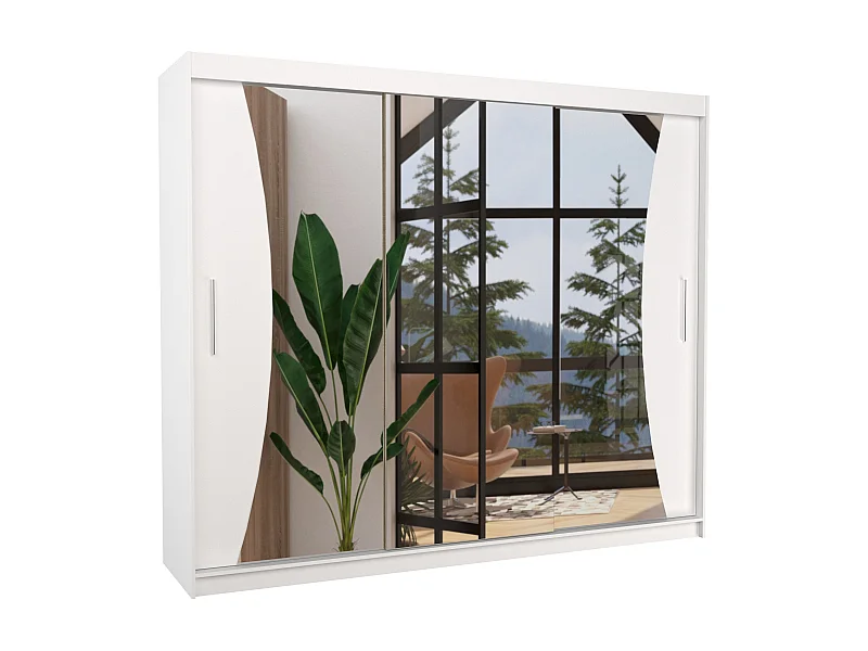 Grande armoire de chambre à coucher 3 portes coulissantes blanches et miroir Douko 250cm