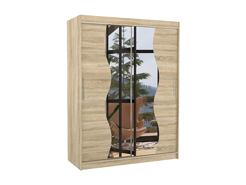 Armoire de chambre bois clair 2 portes coulissantes avec miroir Renka 150cm