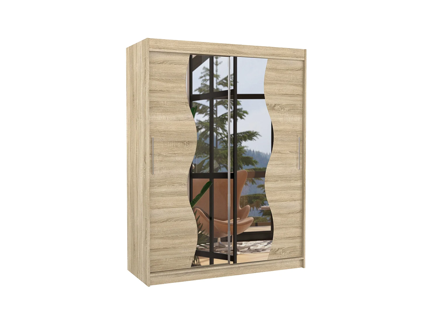 Armoire de chambre bois clair 2 portes coulissantes avec miroir Renka 150cm