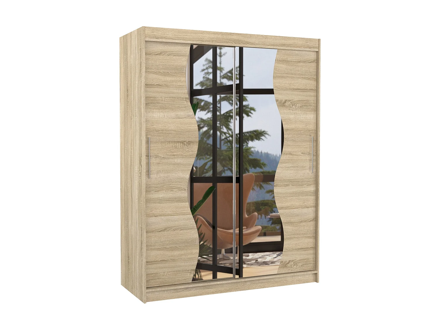 Armoire de chambre bois clair 2 portes coulissantes avec miroir Renka 150cm