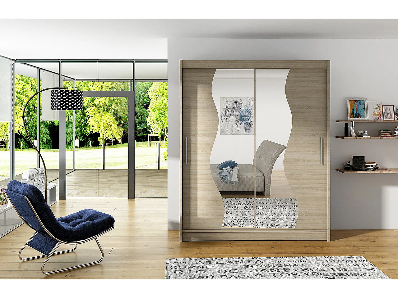 Armoire de chambre bois clair 2 portes coulissantes avec miroir Renka 150cm