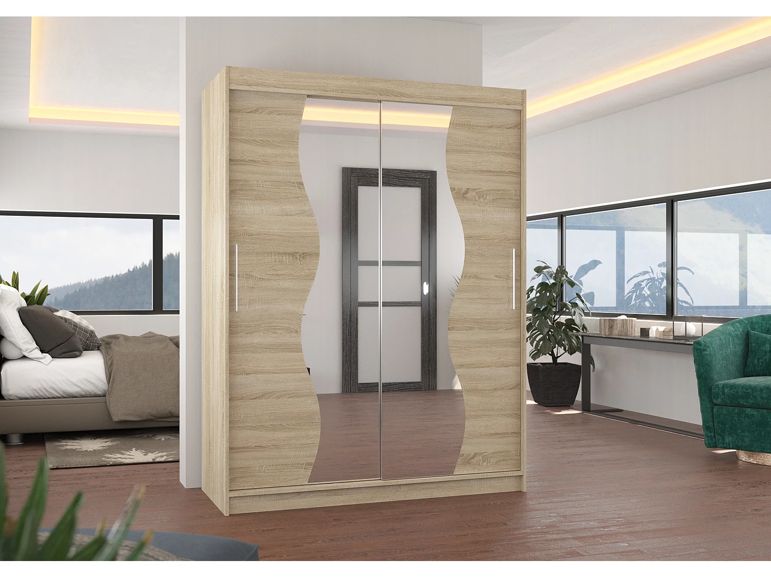 Armoire de chambre bois clair 2 portes coulissantes avec miroir Renka 150cm