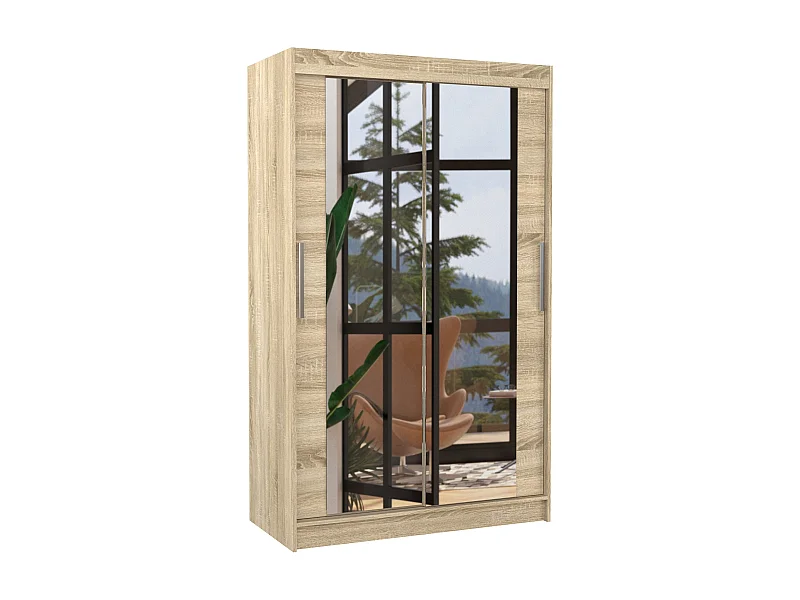 Petite armoire moderne de chambre à coucher bois clair avec 2 portes coulissantes miroir Ibizo 120cm