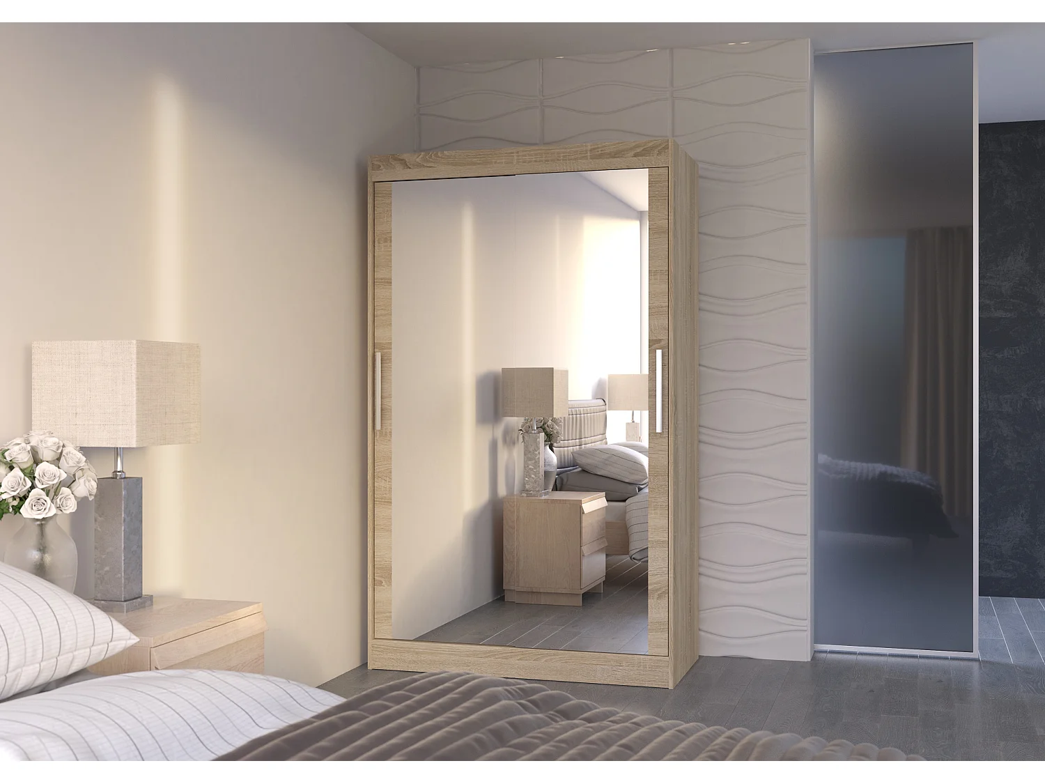 Petite armoire moderne de chambre à coucher bois clair avec 2 portes coulissantes miroir Ibizo 120cm