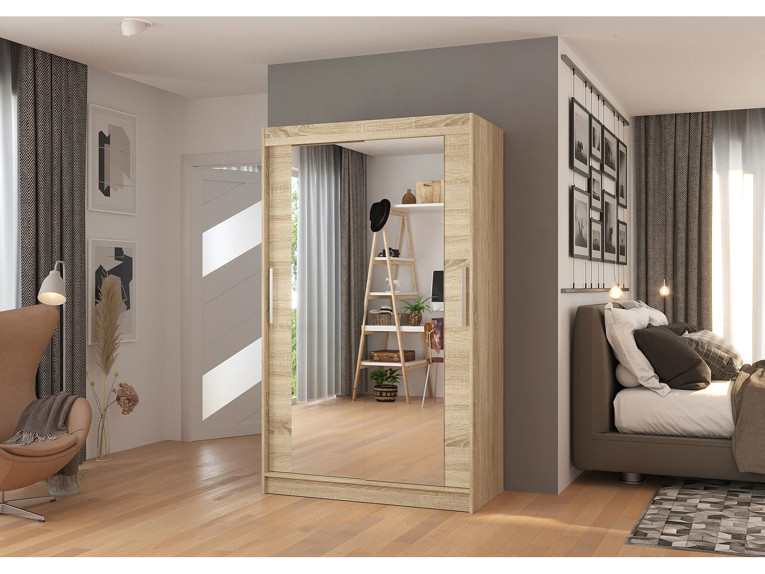 Petite armoire moderne de chambre à coucher bois clair avec 2 portes coulissantes miroir Ibizo 120cm