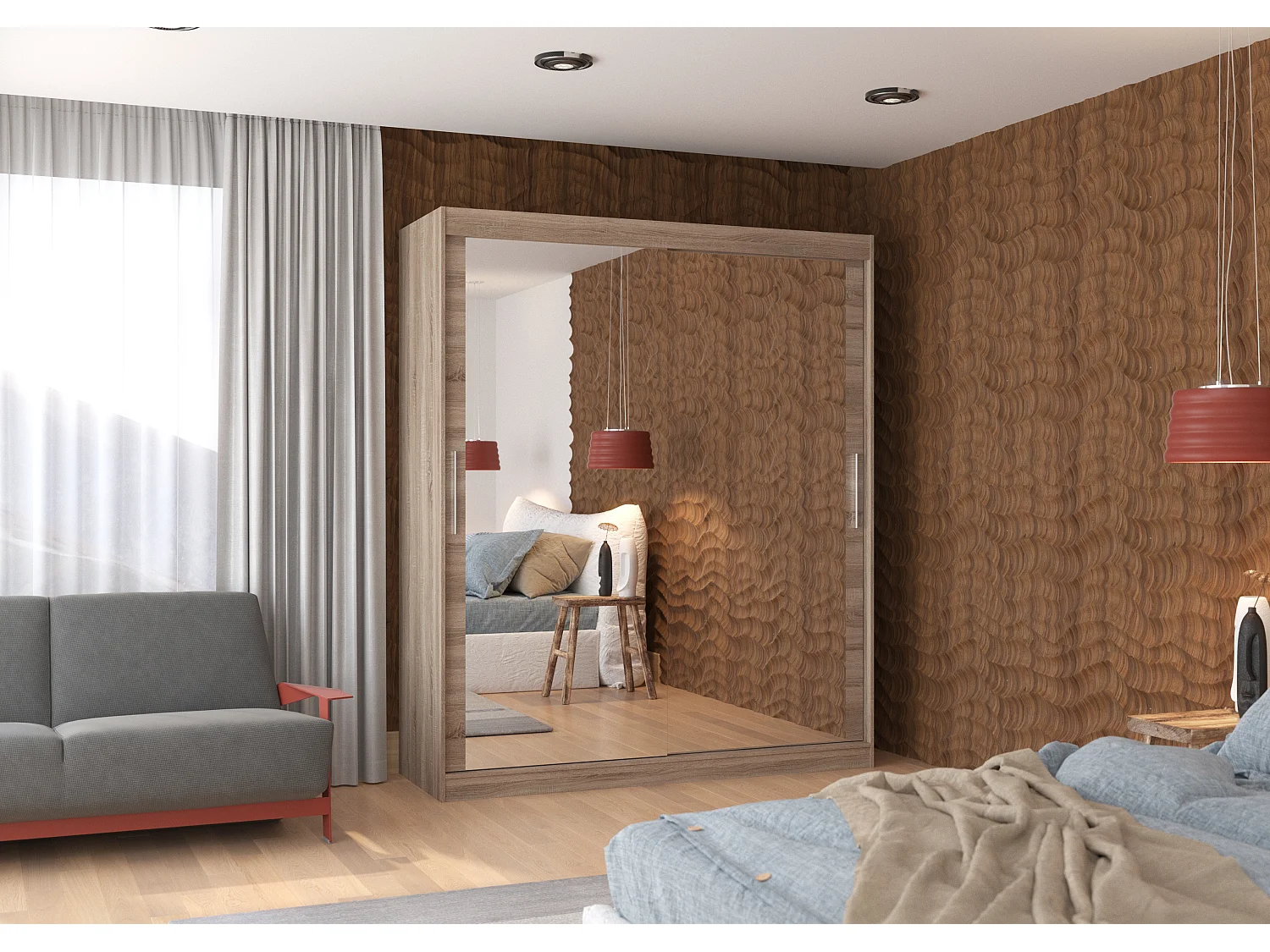 Armoire de chambre bois truffe 2 portes coulissantes avec miroir Toraz 180cm