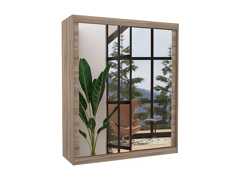 Armoire de chambre bois truffe 2 portes coulissantes avec miroir Toraz 180cm