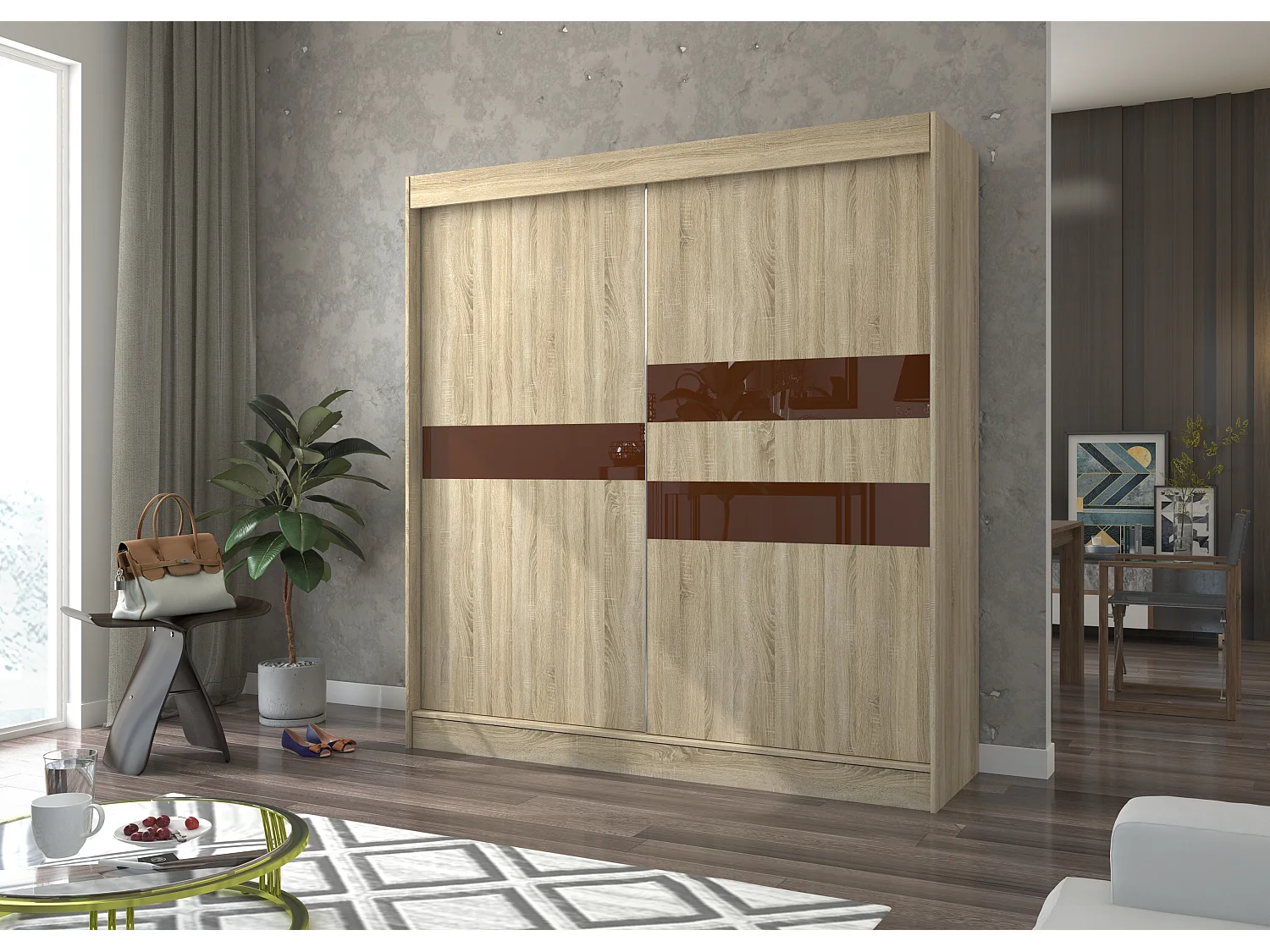 Korza slaapkamerkast met schuifdeuren in mat licht hout en bruin gelakt - 3 maten-Breedte 120 cm