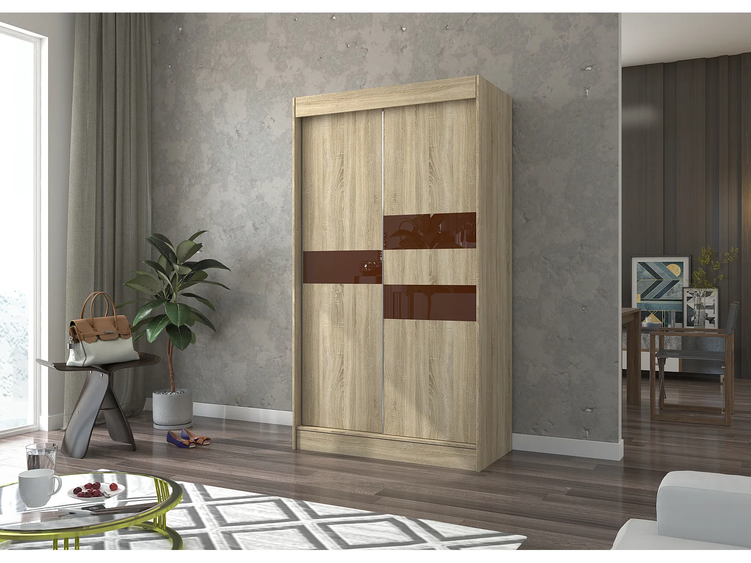 Armoire de chambre à portes coulissantes bois clair mat et marron laqué Korza - 3 tailles-Largeur 120 cm