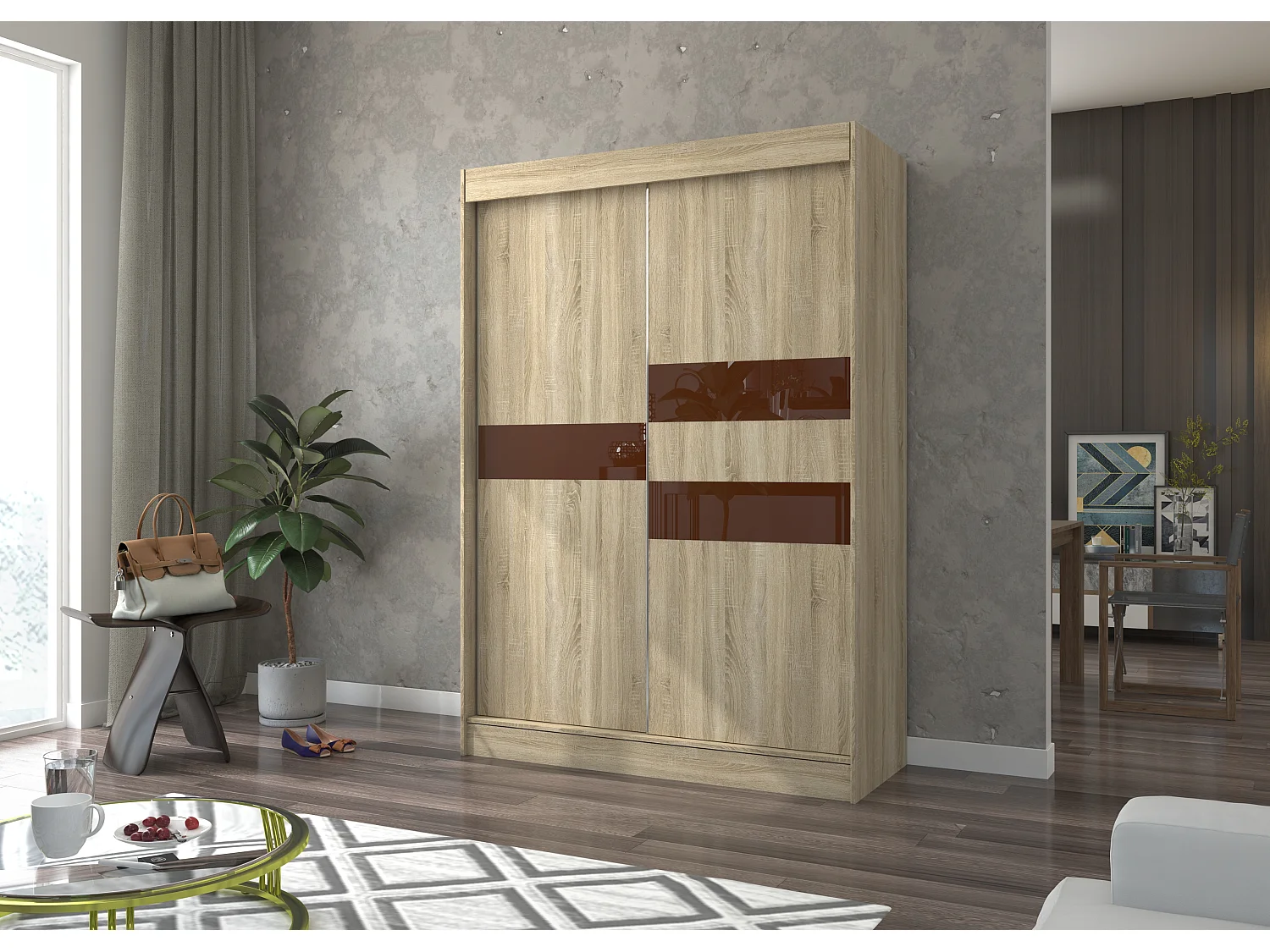 Armoire de chambre à portes coulissantes bois clair mat et marron laqué Korza - 3 tailles-Largeur 120 cm