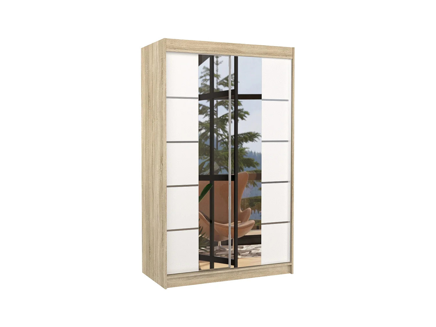 Petite armoire design de chambre à coucher 2 portes coulissantes naturel et blanc avec miroir Kinzo 120cm