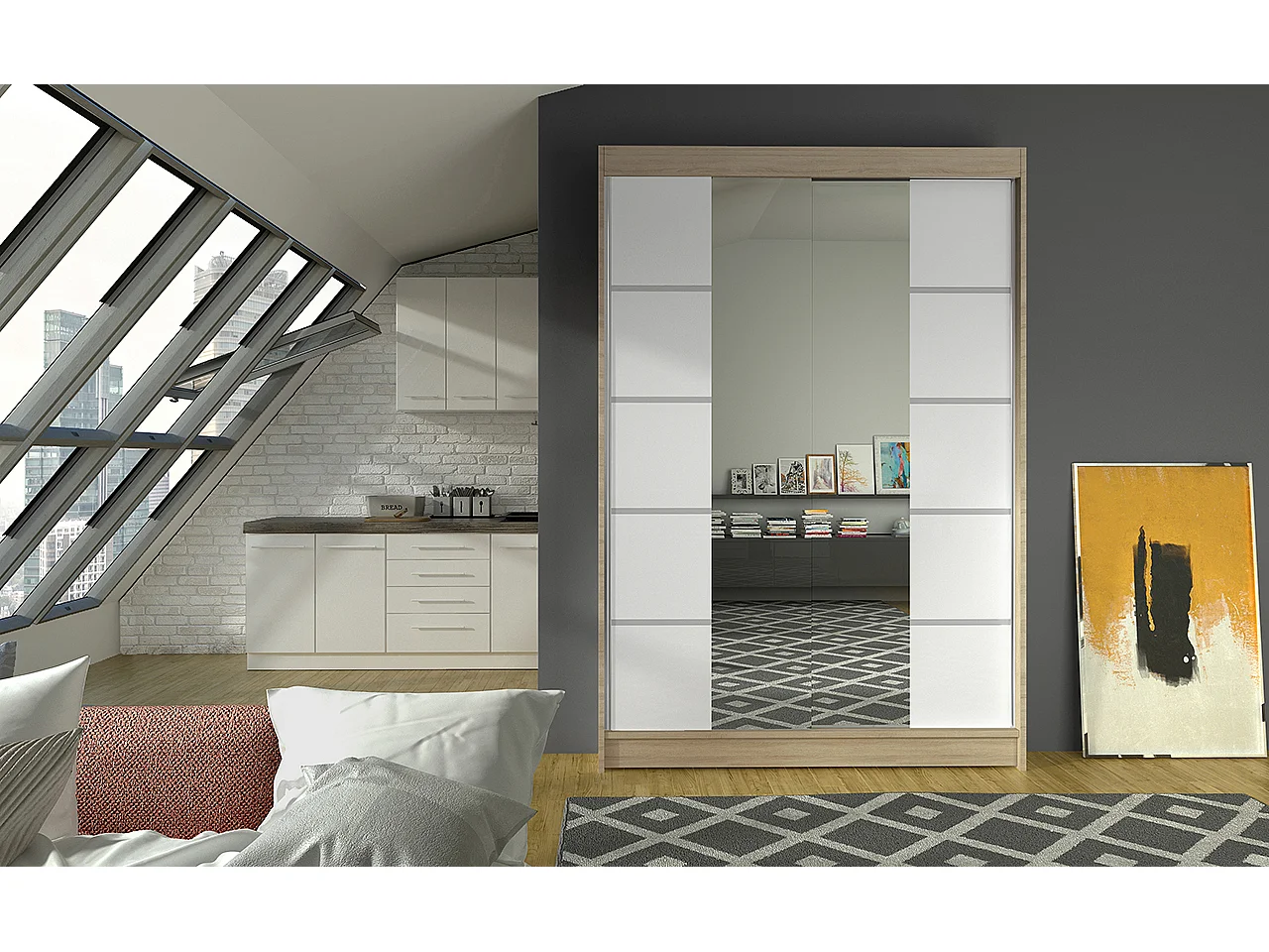 Petite armoire design de chambre à coucher 2 portes coulissantes naturel et blanc avec miroir Kinzo 120cm