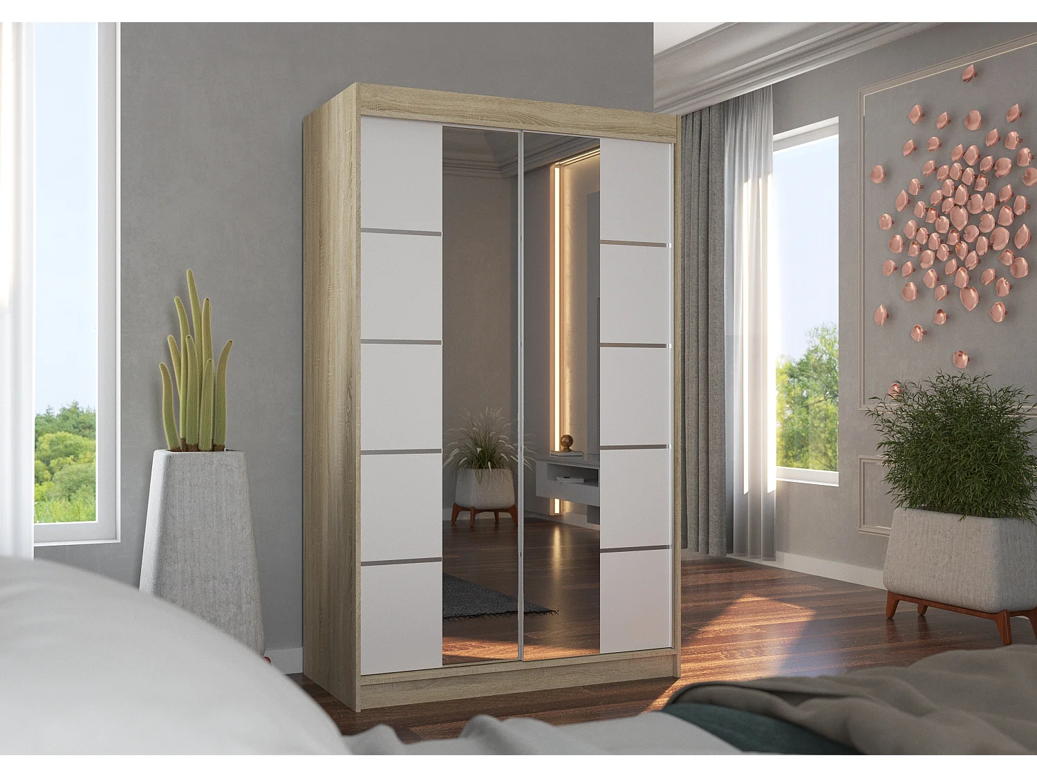 Petite armoire design de chambre à coucher 2 portes coulissantes naturel et blanc avec miroir Kinzo 120cm