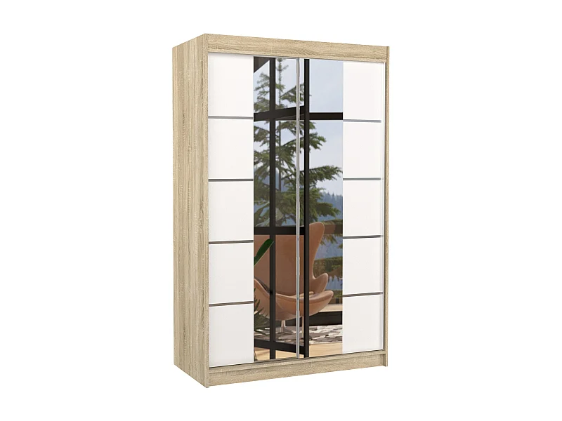 Petite armoire design de chambre à coucher 2 portes coulissantes naturel et blanc avec miroir Kinzo 120cm