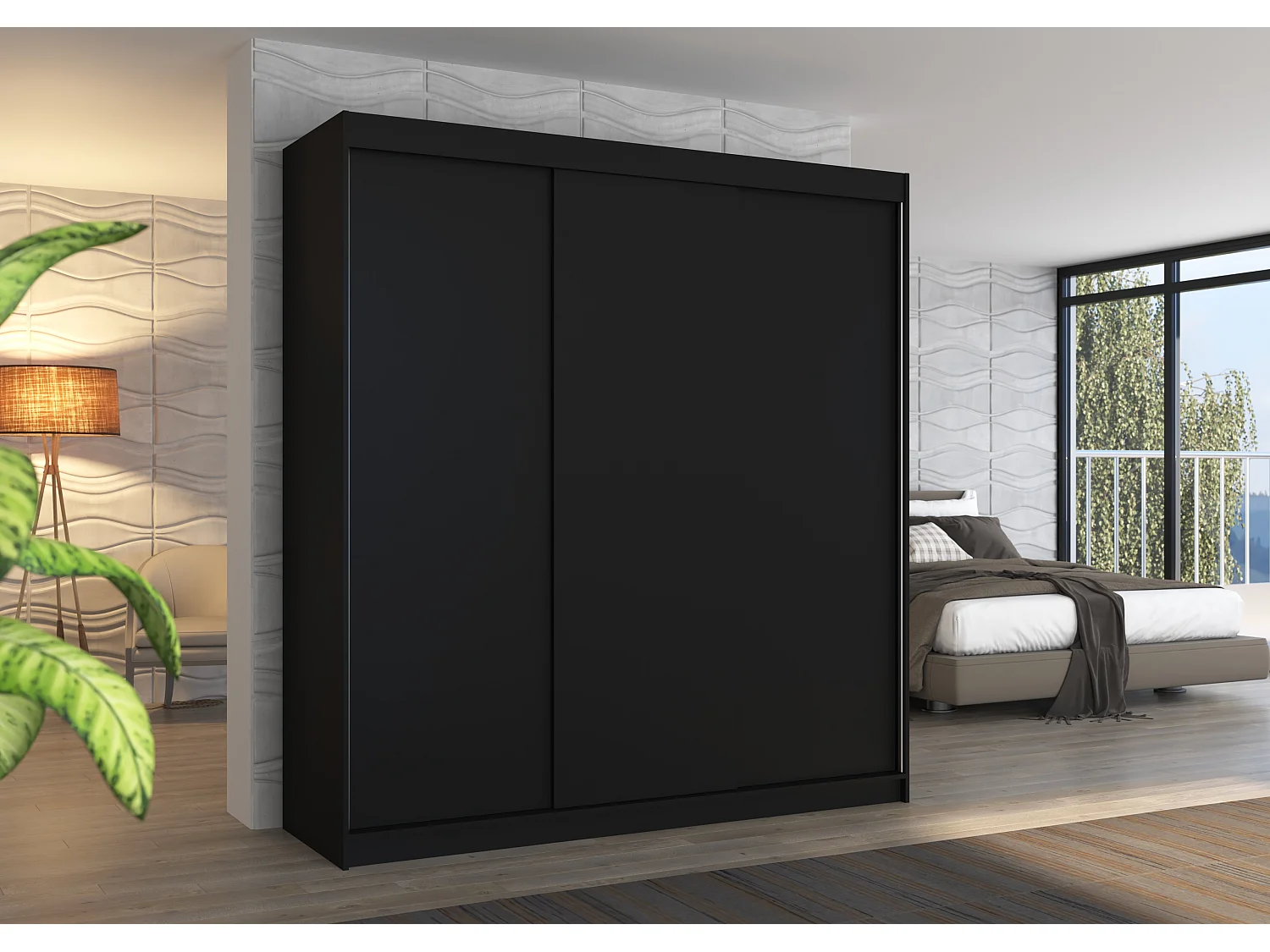 Armoire chambre adulte noir 2 portes coulissantes Kamia 200cm