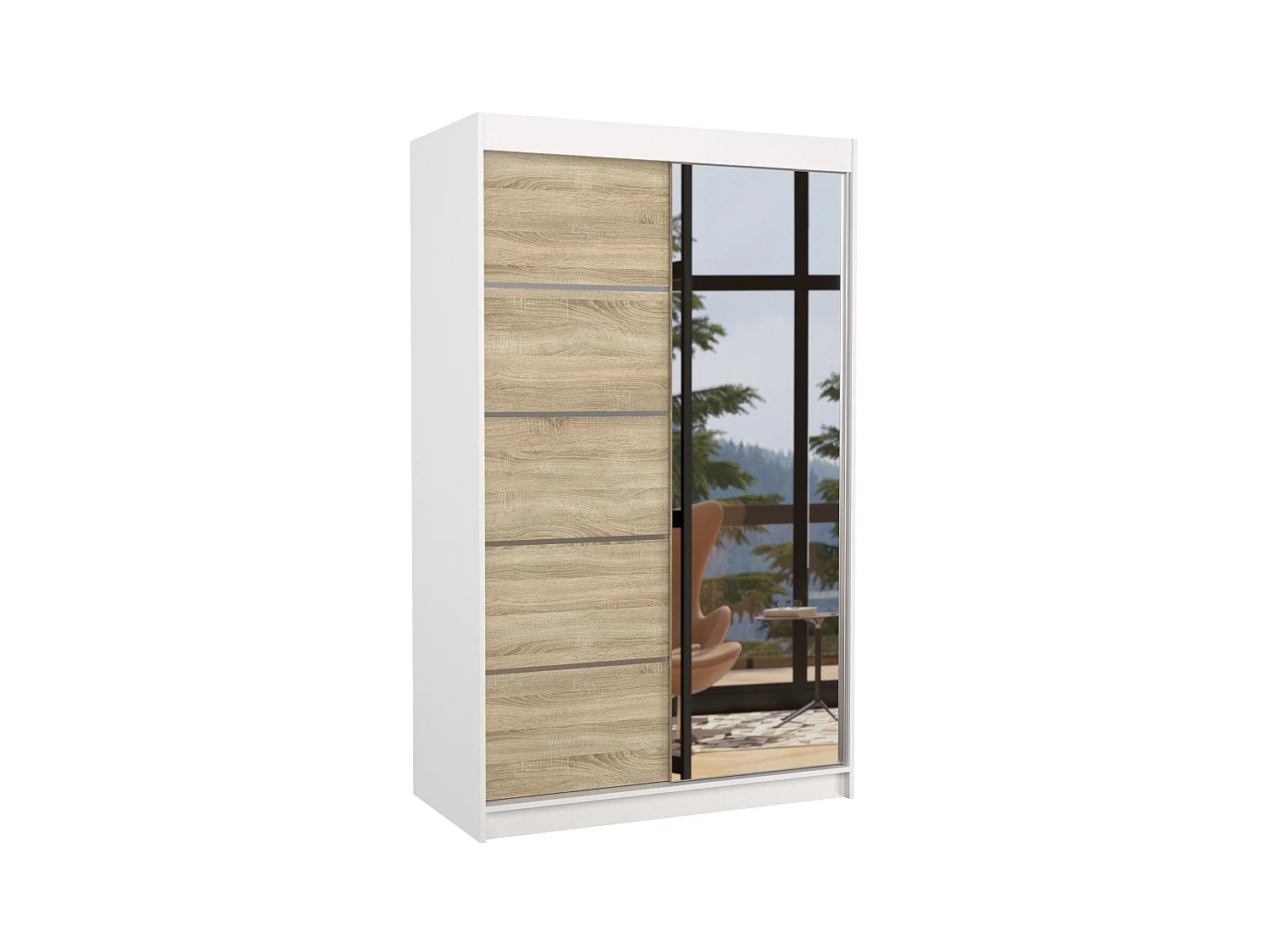 Petite armoire de chambre 2 portes coulissantes bois blanc et naturel avec miroir Noka 120cm